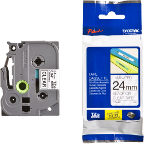 Brother prægetape, 24 mm sort på klar tape