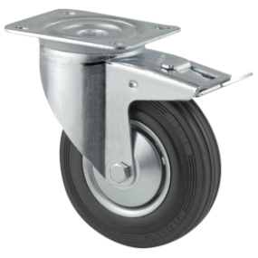 Transporthjul m/topplade drejelig 100 mm, massiv sort gummihjul m/bremse (70 kg.)