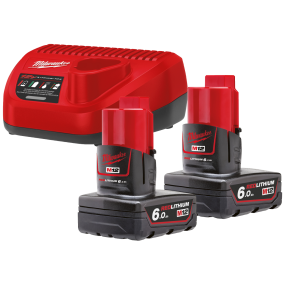 Milwaukee 2 stk 6 amp batt. + lader, M12 NRG-602