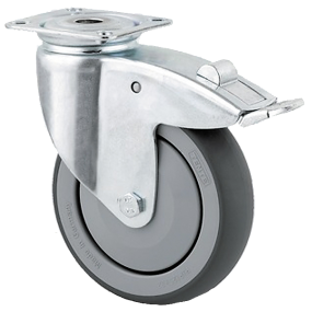 Apparathjul m/ plade + bremse, Ø 100 mm gummihjul m/kuglelejer (100 kg)