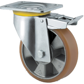 Sværlasthjul M/topplade/drejeligt m/brem, 160mm hjul/Polyuretan/DIN-kugleleje